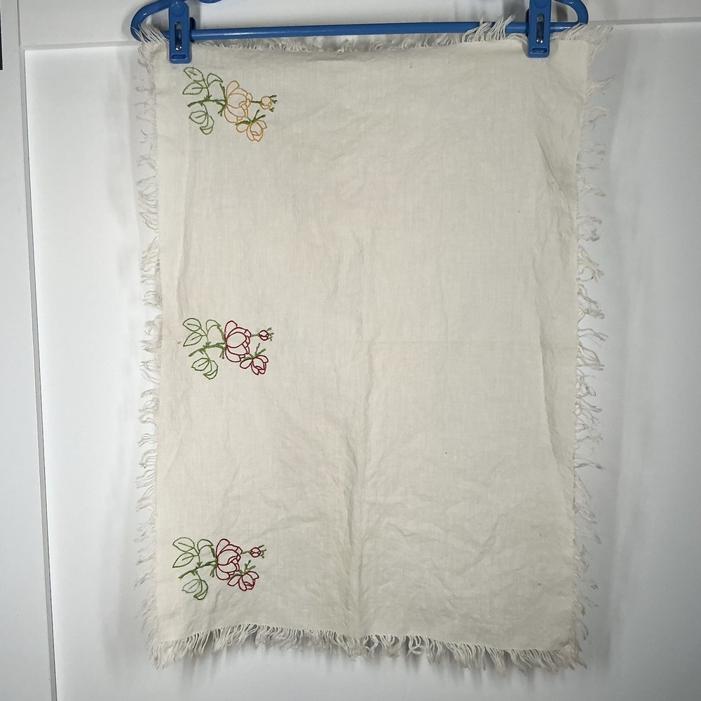 Vintage Handmade Square Tablecloth Floral Leaf‎ Embroidery Fringed Edges Cottage